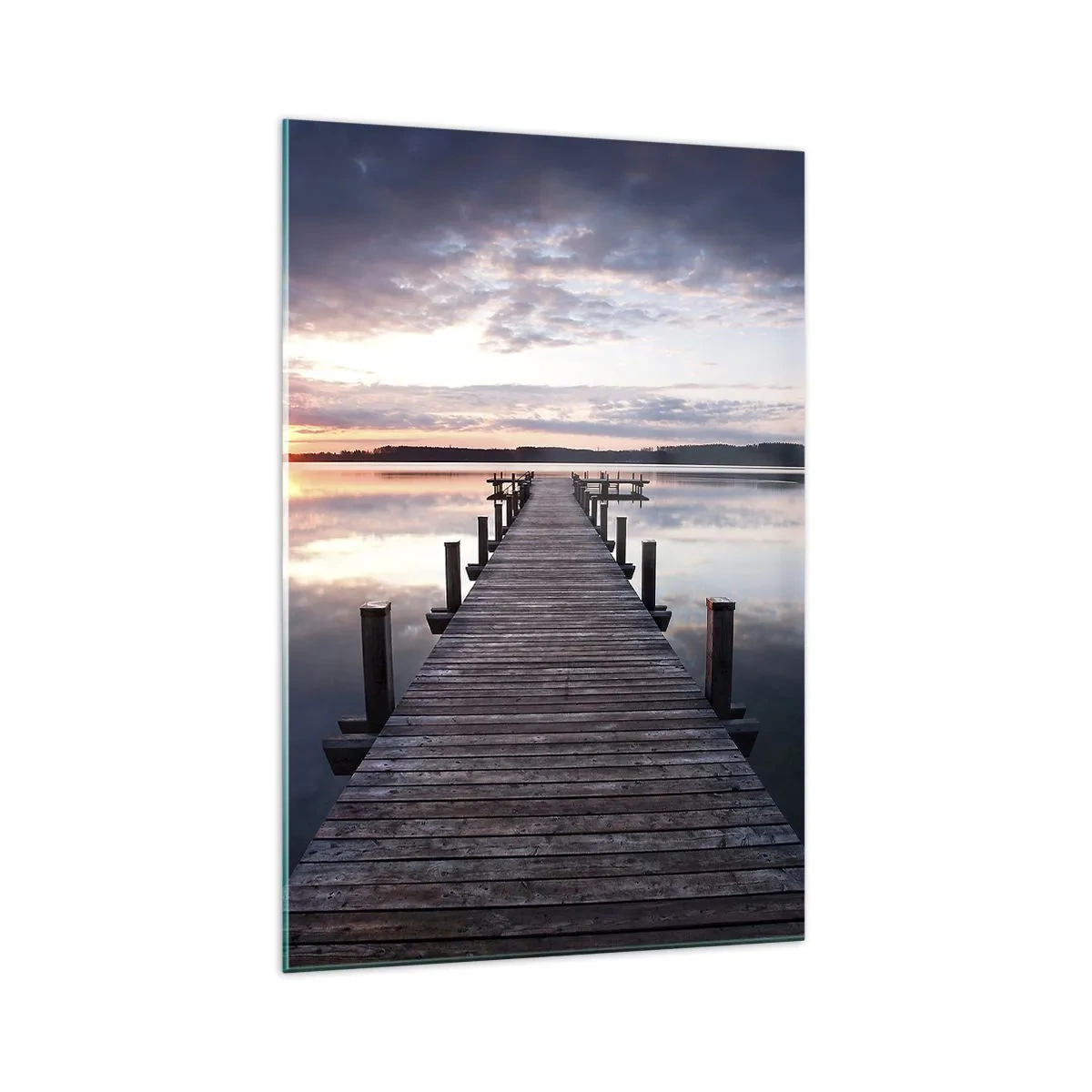 Quadro su vetro - Un molo su un lago al tramonto in un paesaggio tranquillo - 70x100cm - Il silenzioso confine del giorno e della notte - Decorazione murale moderna per soggiorno e camera da letto ARTTOR