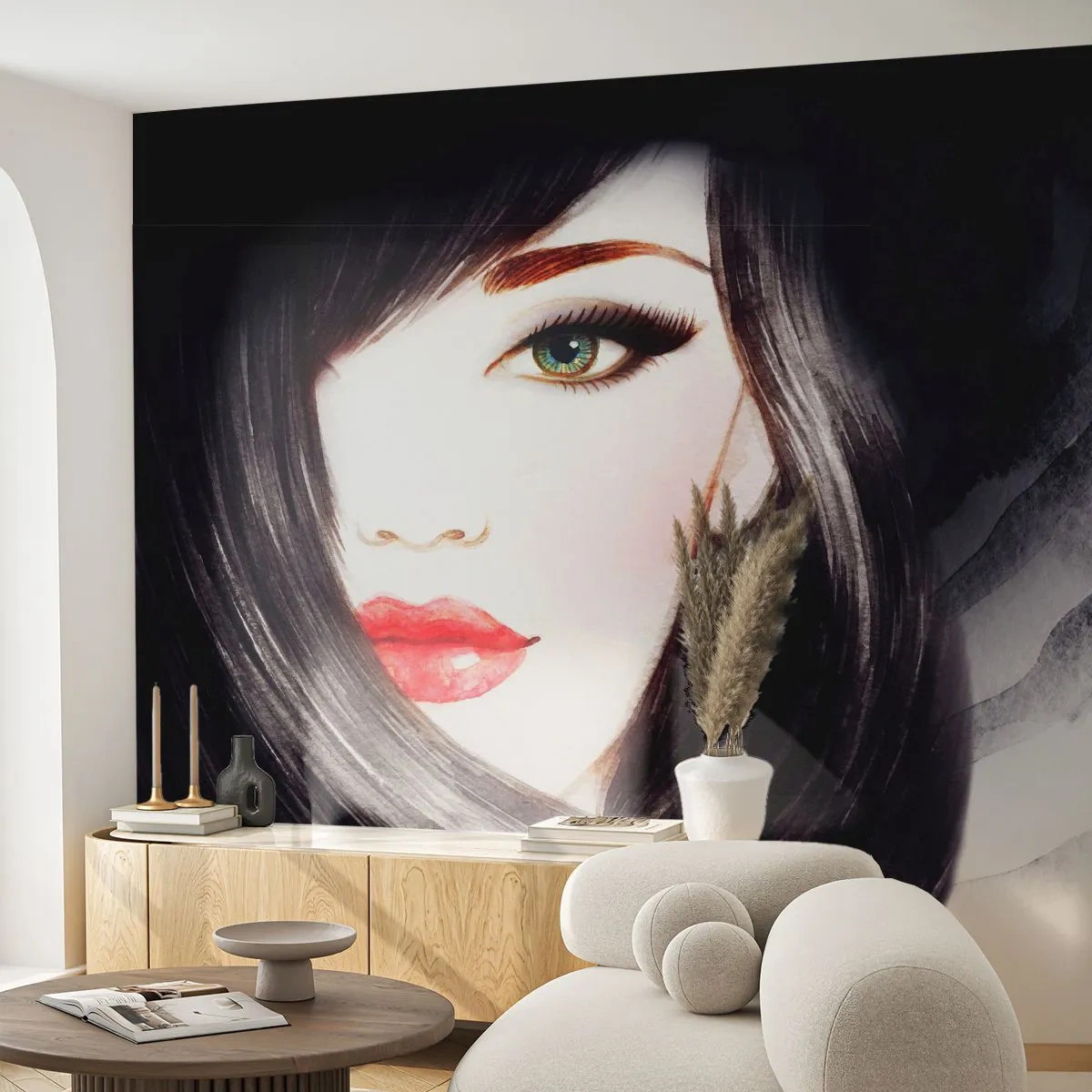 Fotomurali Premium Sand - Sguardo di zaffiro - Volto di donna, labbra rosse, Occhi verdi - 300x210 cm