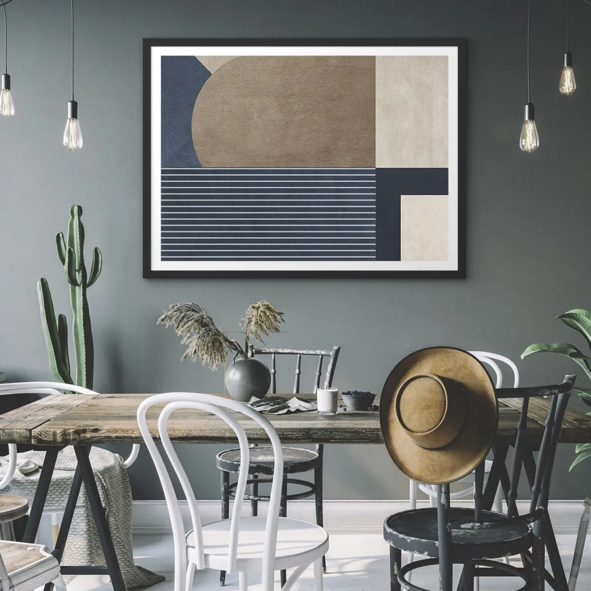 Poster in cornice nera - Figure geometriche nei toni del beige e del blu navy con linee - 100x70cm - Composizione di semplicità e rotondità - Decorazione murale moderna per soggiorno e camera da letto ARTTOR