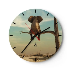 Orologio da parete - Orologio in Vetro - Un elefante seduto sul ramo di un albero solitario contro il cielo - 30x30cm - Nuovo punto di vista - Decorazione murale moderna per soggiorno, cucina e camera da letto ARTTOR