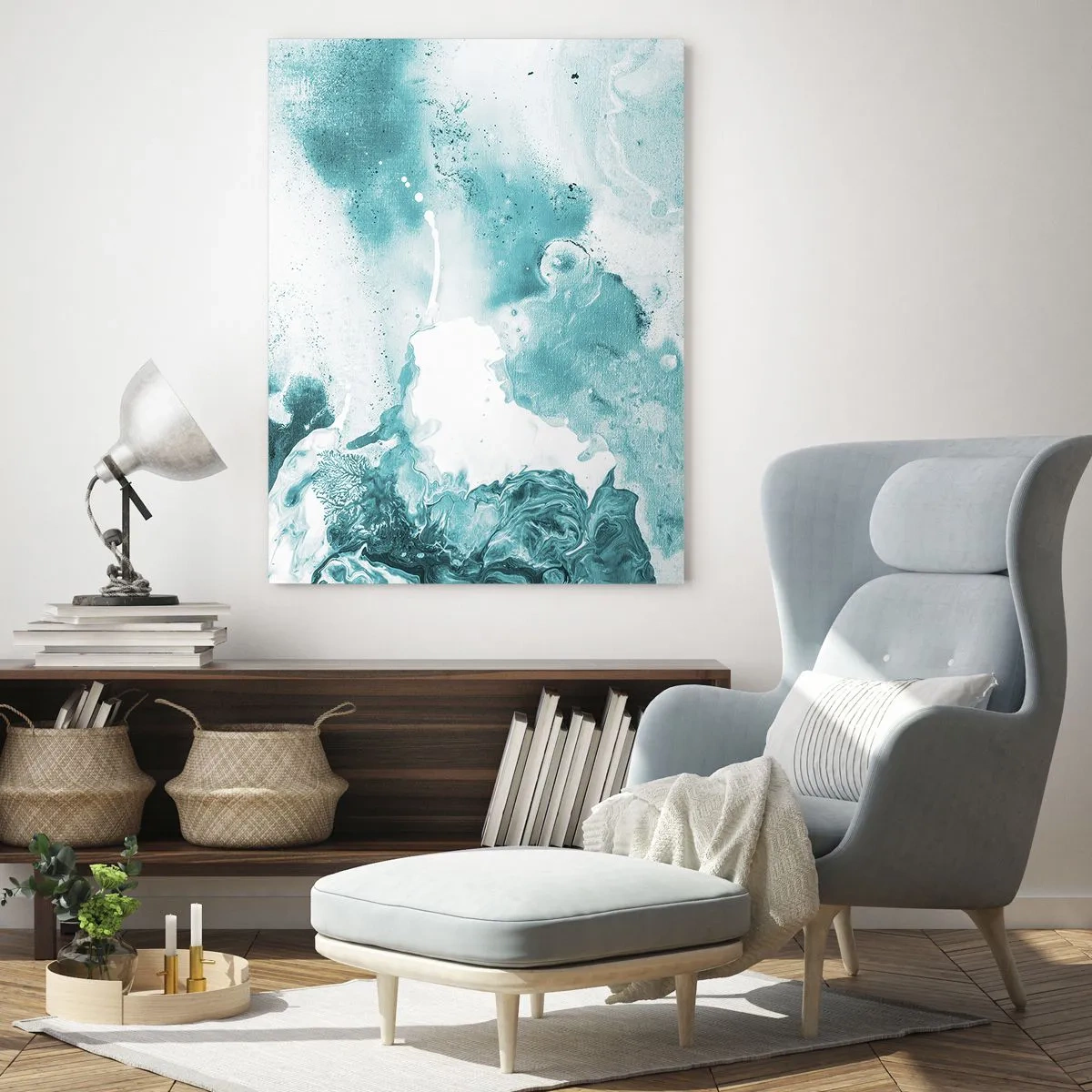 Quadro su vetro - Astrazione nei toni del blu con delicati accenti di bianco - 70x100cm - Palude blu - Decorazione murale moderna per soggiorno e camera da letto ARTTOR