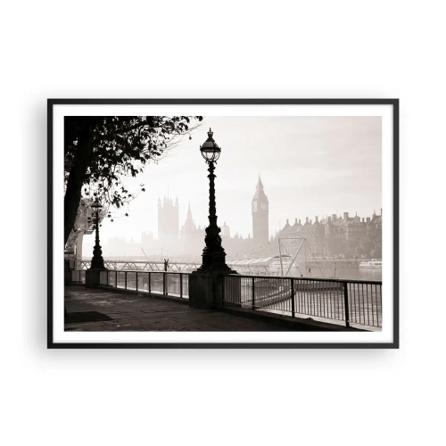 Poster in cornice nera - Una vista monocromatica del Big Ben e del Tamigi. - 100x70cm - Un mattino a Londra - Decorazione murale moderna per soggiorno e camera da letto ARTTOR