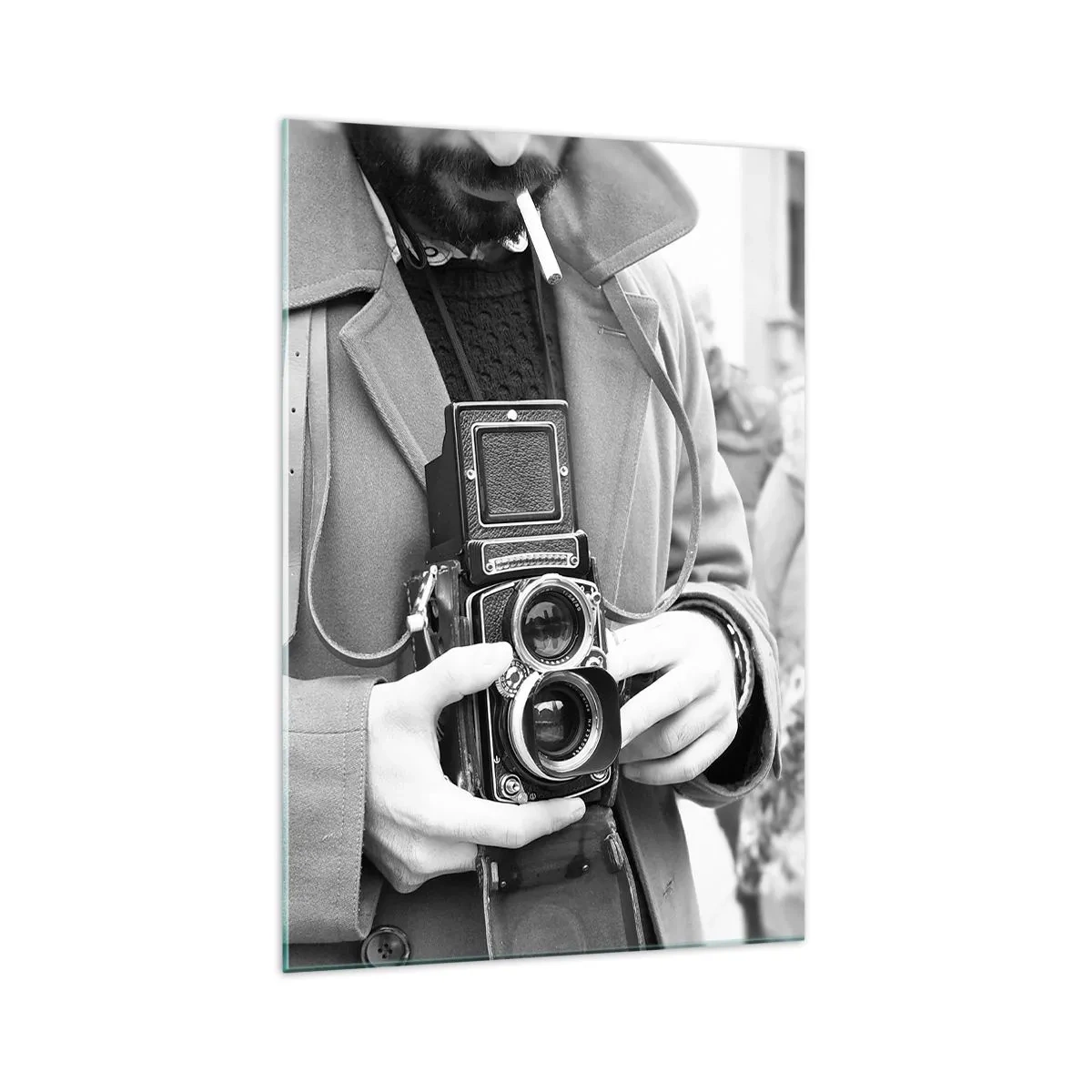 Quadro su vetro - Foto in bianco e nero di un uomo con una macchina fotografica retrò - 70x100cm - In stile retro - Decorazione murale moderna per soggiorno e camera da letto ARTTOR
