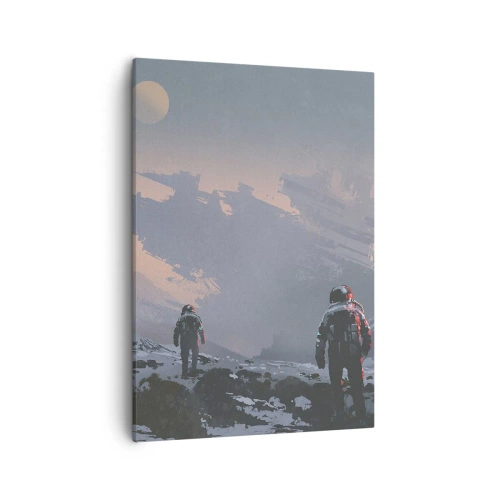 Quadro su tela - Stampe su Tela - Astronauti su un pianeta alieno con un relitto di astronave - 50x70cm - Sotto una stella sconosciuta - Decorazione murale moderna per soggiorno e camera da letto ARTTOR