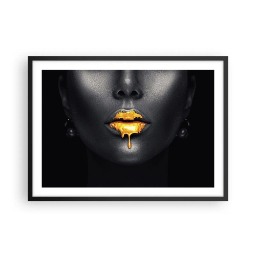 Poster in cornice nera - Ritratto nero e oro di una donna con una goccia d'oro sulle labbra - 70x50cm - Boccadoro - Decorazione murale moderna per soggiorno e camera da letto ARTTOR