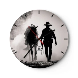 Orologio da parete - Orologio in Vetro - Un cowboy che conduce il suo cavallo nella nebbia mattutina - 30x30cm - Mattino texano - Decorazione murale moderna per soggiorno, cucina e camera da letto ARTTOR