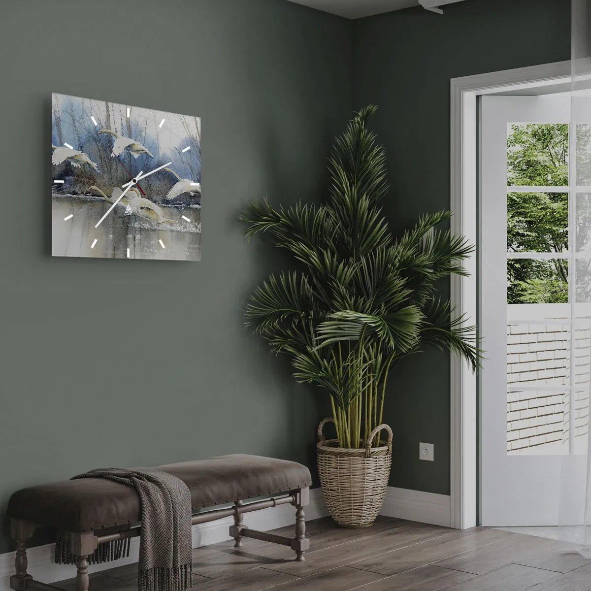 Orologio da parete - Orologio in Vetro - Cigni in volo sopra un lago ghiacciato in un paesaggio invernale - 30x30cm - Come la favola dei cigni selvatici - Decorazione murale moderna per soggiorno e camera da letto ARTTOR