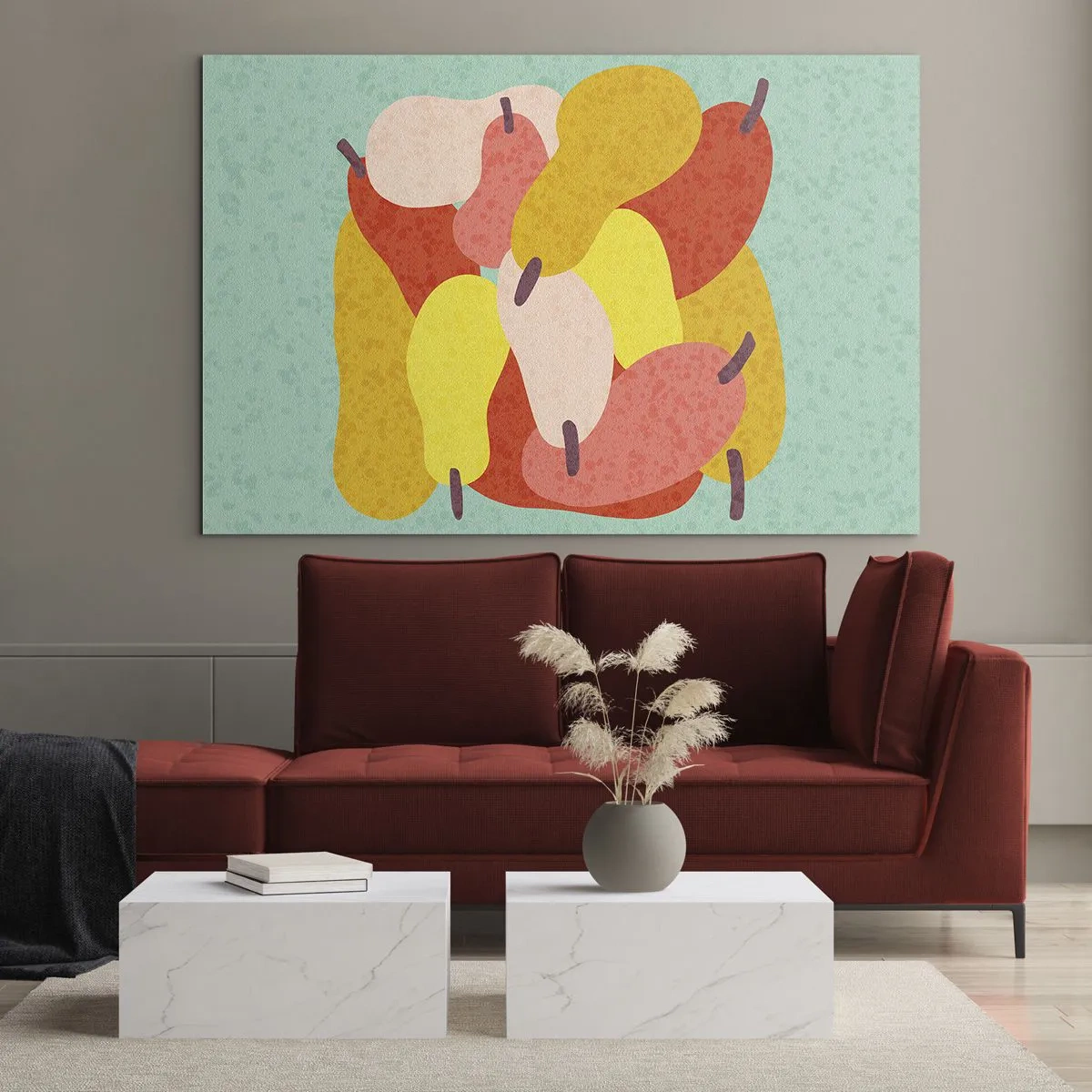 Quadro su vetro - Pere colorate in stile grafico su sfondo turchese - 100x70cm - Assaggia il sole estivo - Decorazione murale moderna per soggiorno e camera da letto ARTTOR