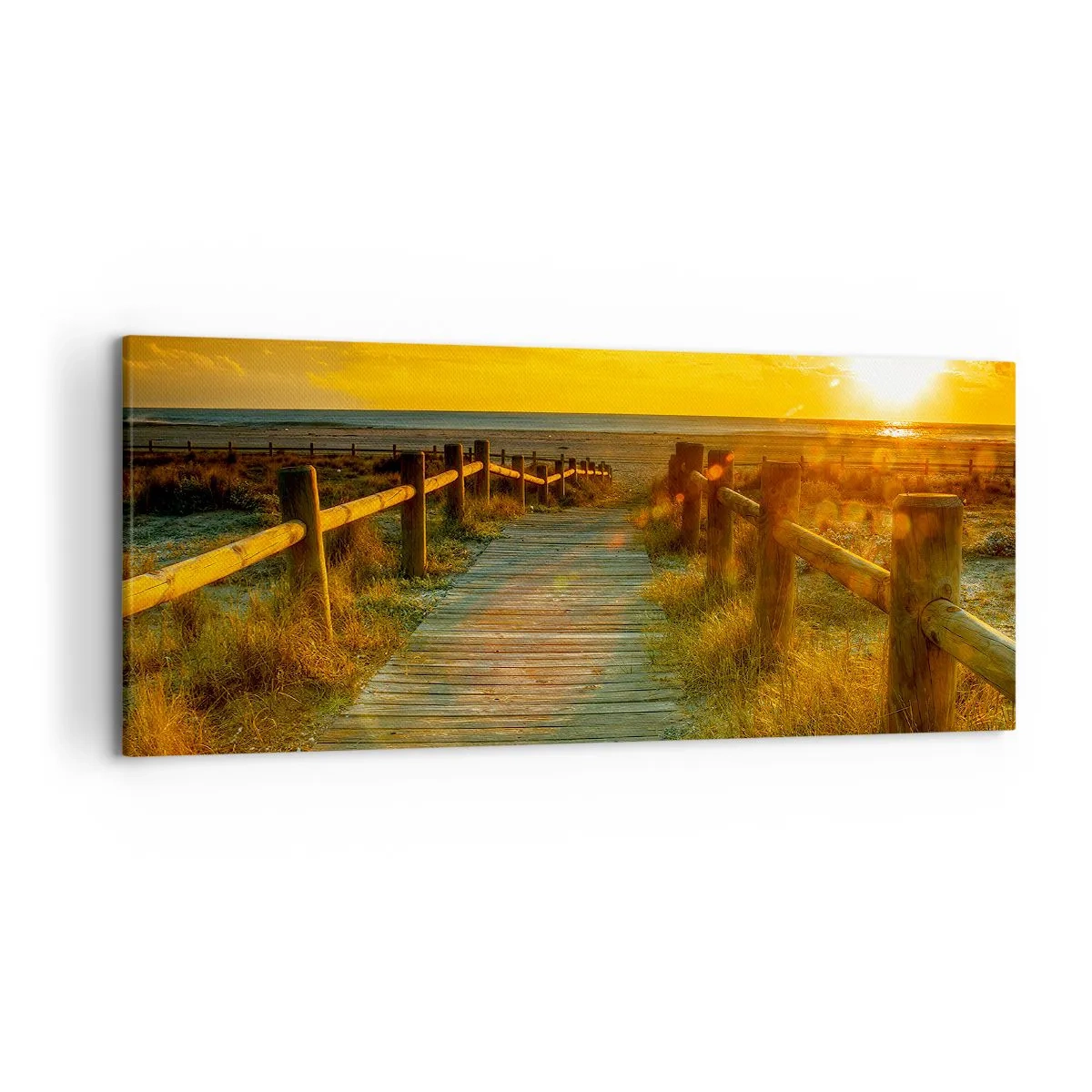 Quadro su tela - Stampe su Tela - Un sentiero in legno che conduce alla spiaggia al chiarore del sole al tramonto - 120x50cm - Immerse nell'oro vecchio - Decorazione murale moderna per soggiorno e camera da letto ARTTOR