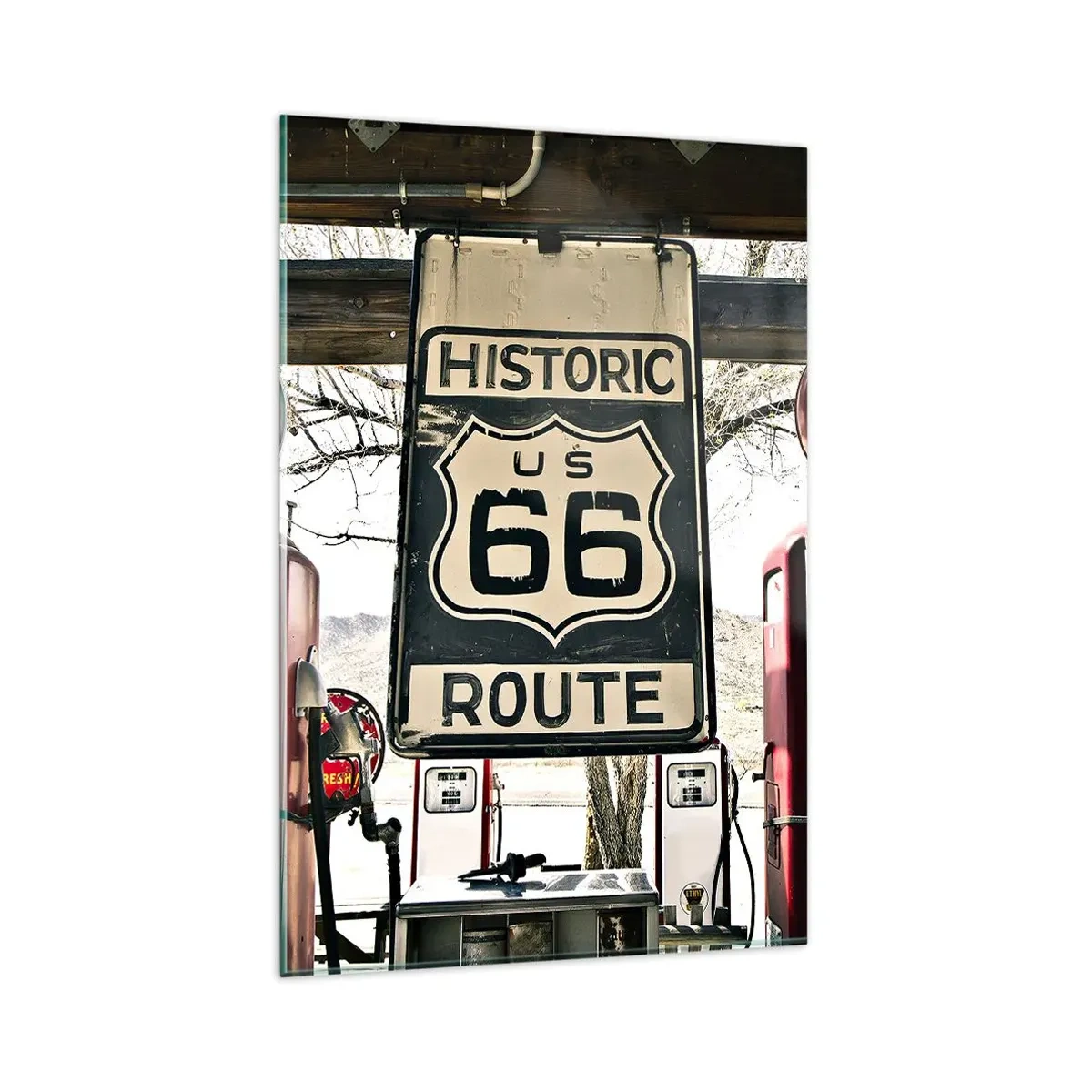 Quadro su vetro - Stazione di servizio storica della Route 66 - 80x120cm - Viaggio retro americano - Decorazione murale moderna per soggiorno e camera da letto ARTTOR