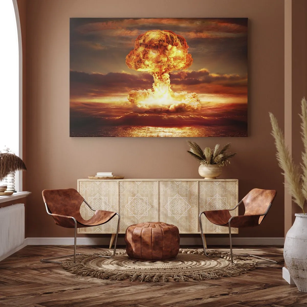 Quadro su tela - Stampe su Tela - Esplosione di una nube a fungo sullo sfondo di un tramonto - 120x80cm - E sarà la fine - Decorazione murale moderna per soggiorno e camera da letto ARTTOR