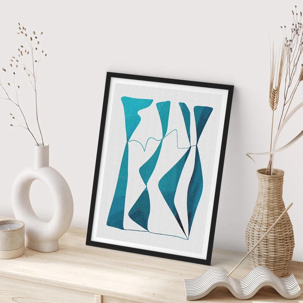 Poster in cornice nera - Una composizione astratta nei toni del blu con linee dinamiche. - 50x70cm - Astrazione: legame turchese - Decorazione murale moderna per soggiorno e camera da letto ARTTOR