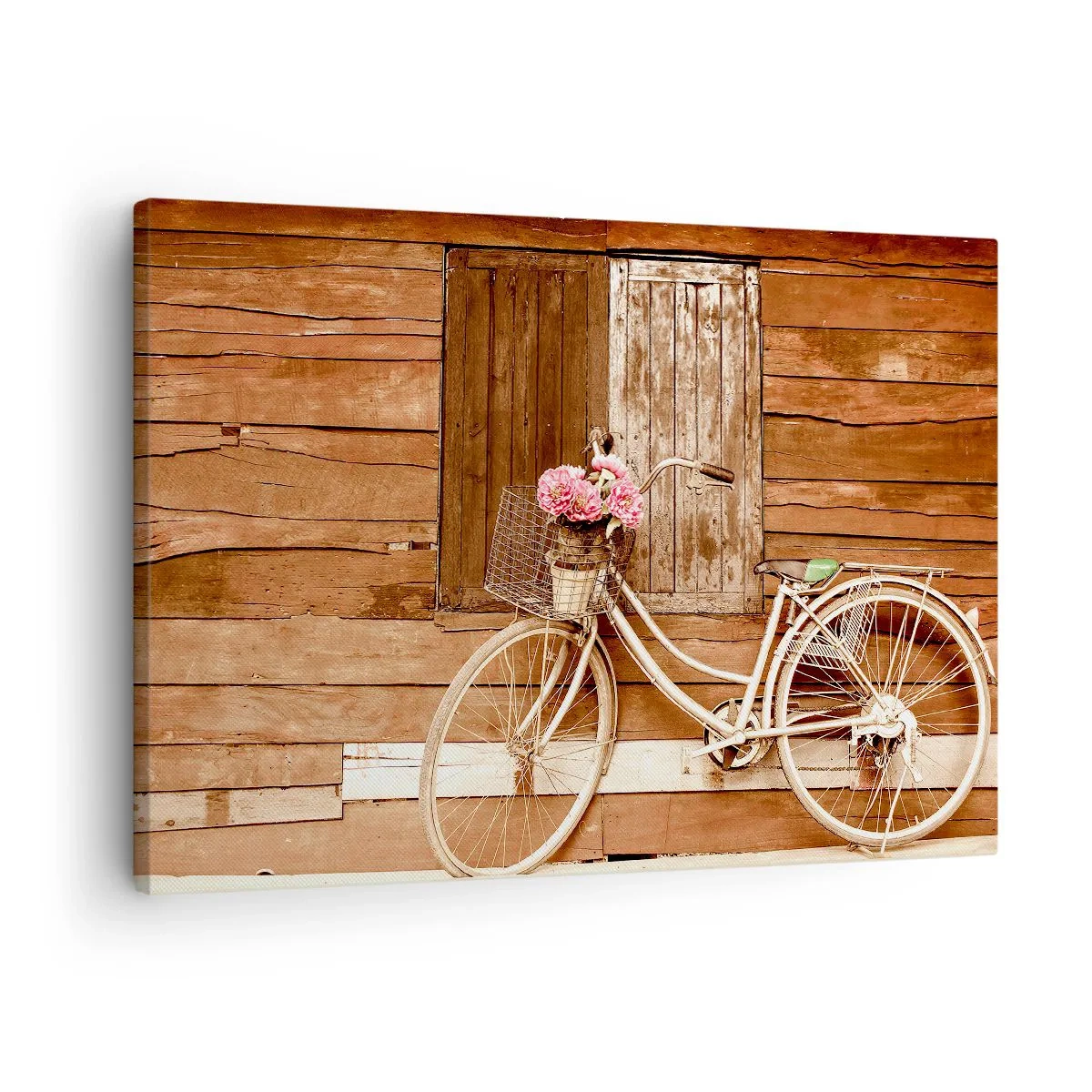 Quadro su tela - Stampe su Tela - Una bicicletta con un cesto pieno di rose contro un muro di legno - 70x50cm - Torno subito - Decorazione murale moderna per soggiorno e camera da letto ARTTOR