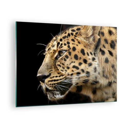 Quadro su vetro - Profilo di un leopardo su sfondo nero - 70x50cm - Calmo, concentrato, pronto - Decorazione murale moderna per soggiorno e camera da letto ARTTOR