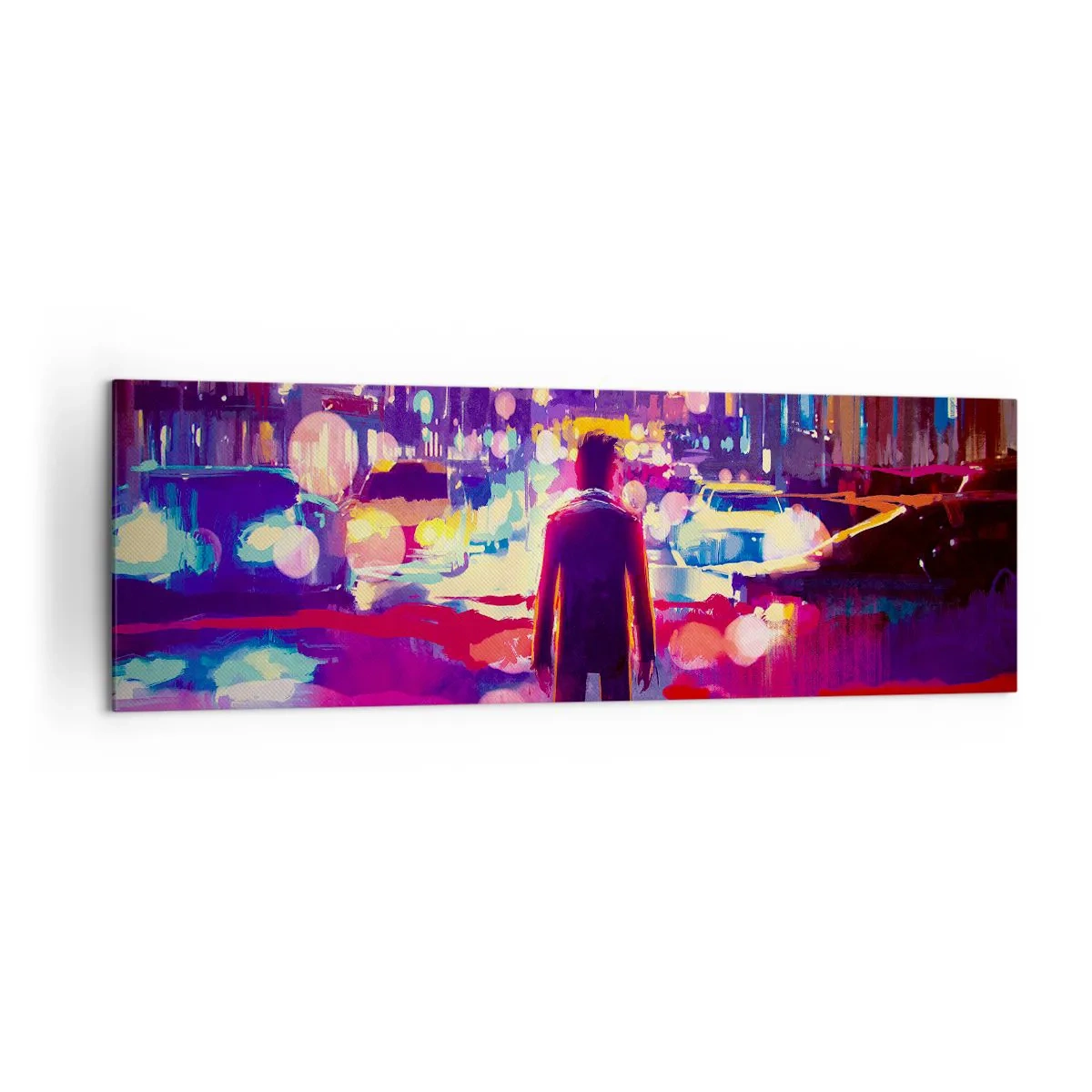 Quadro su tela - Stampe su Tela - Un uomo in una scena notturna di una città al neon - 160x50cm - Immerso nella luce - Decorazione murale moderna per soggiorno e camera da letto ARTTOR