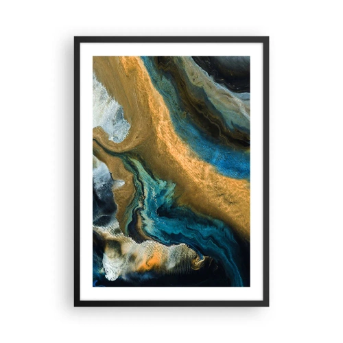 Poster in cornice nera - Una composizione astratta nei toni dell'oro e del blu. - 50x70cm - Blu-oro: influenza reciproca - Decorazione murale moderna per soggiorno e camera da letto ARTTOR