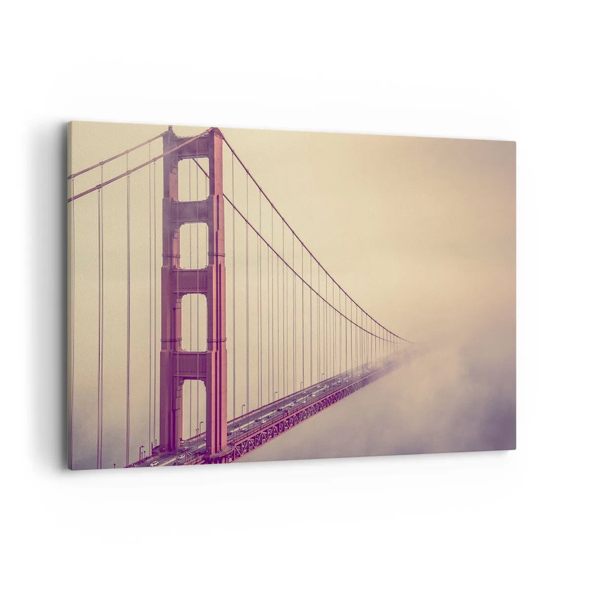 Quadro su tela - Stampe su Tela - Un ponte nella nebbia in tonalità pastello, simbolo di eleganza e pace - 120x80cm - Tra il cielo e la terra - Decorazione murale moderna per soggiorno e camera da letto ARTTOR