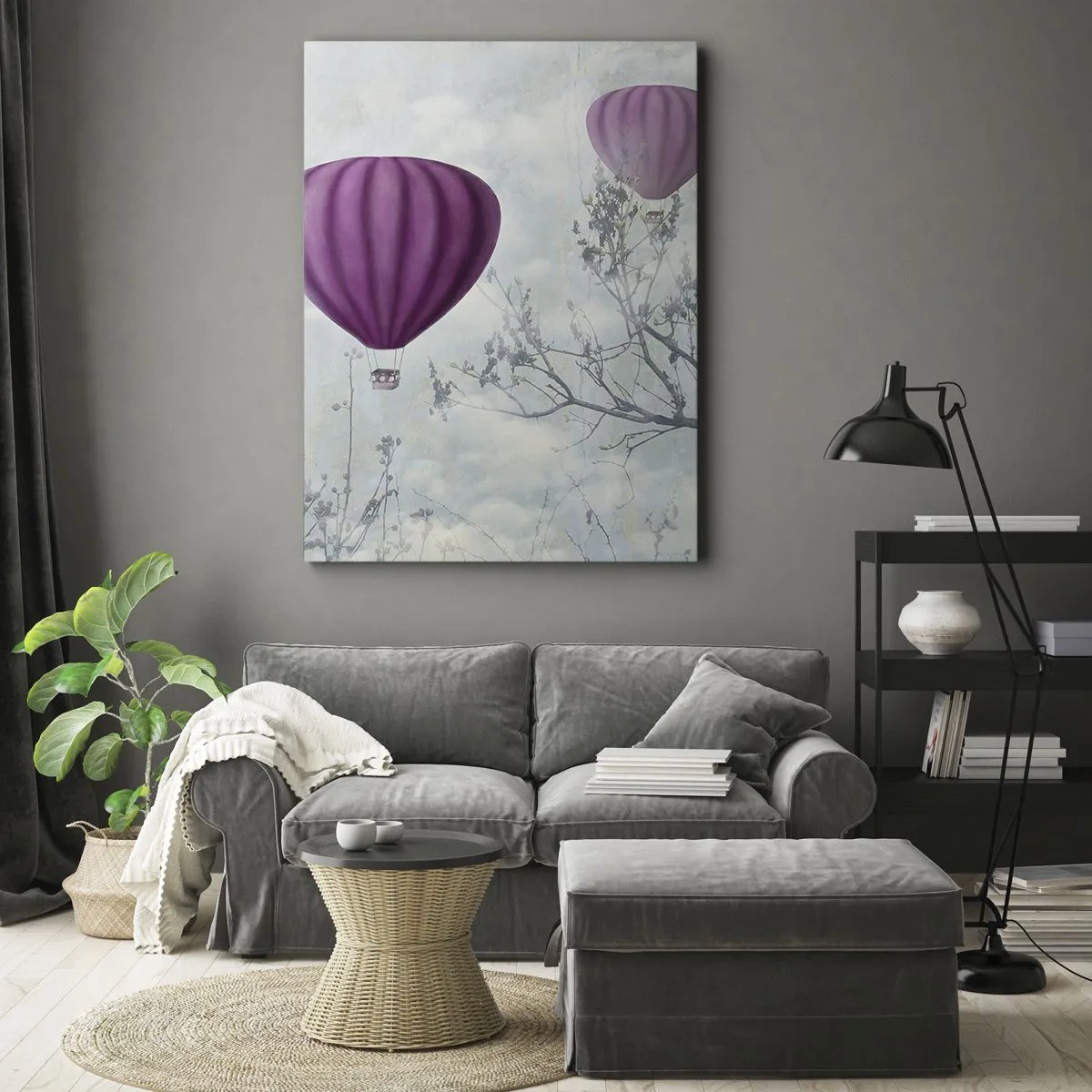 Quadro su tela - Stampe su Tela - Palloncini viola che fluttuano sopra gli alberi tra le nuvole - 50x70cm - Come navi nel cielo - Decorazione murale moderna per soggiorno e camera da letto ARTTOR