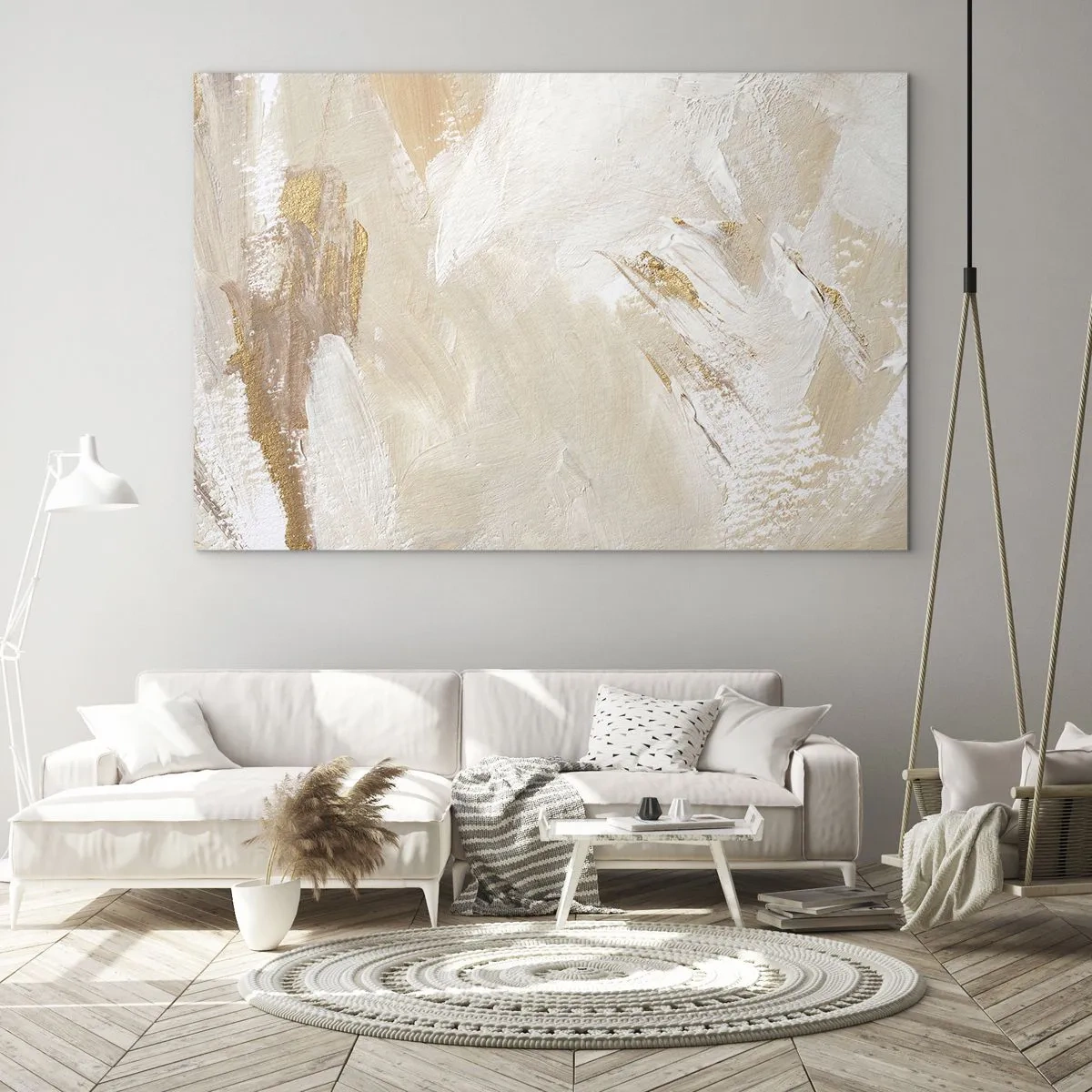 Quadro su vetro - Astrazione beige e bianca con accenti dorati - 100x70cm - Composizione pastello - Decorazione murale moderna per soggiorno e camera da letto ARTTOR