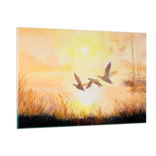 Quadro su vetro - Tre anatre che volano sopra un lago all'alba - 120x80cm - L'inizio di un lungo viaggio - Decorazione murale moderna per soggiorno e camera da letto ARTTOR