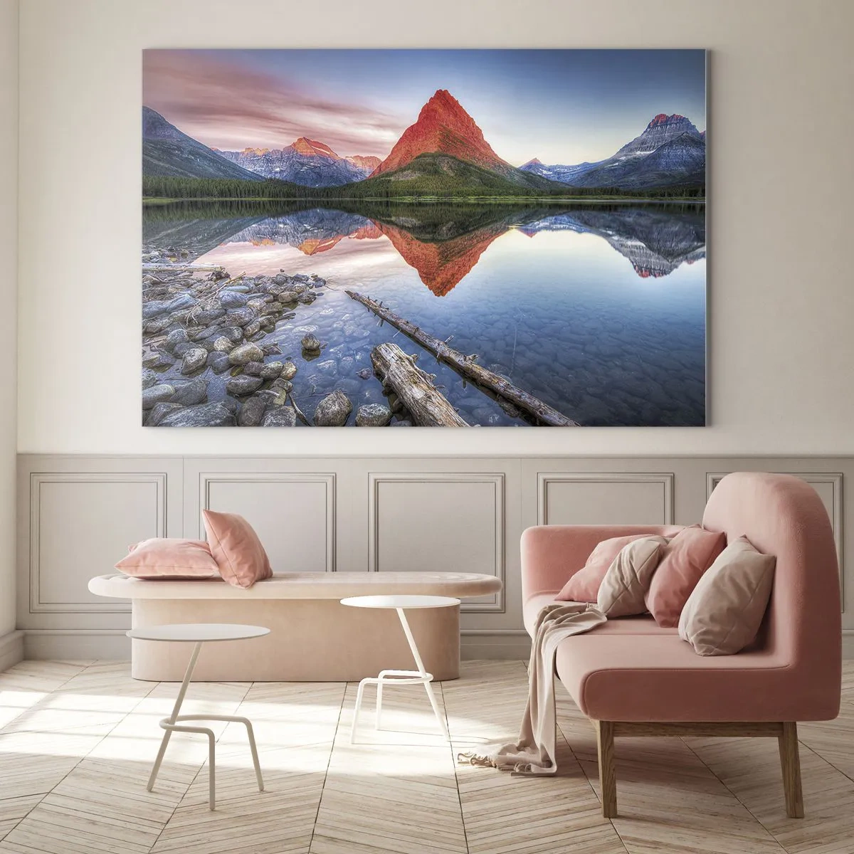 Quadro su vetro - Una cima di montagna riflessa in un lago calmo - 70x50cm - Caldo e freddo - Decorazione murale moderna per soggiorno e camera da letto ARTTOR