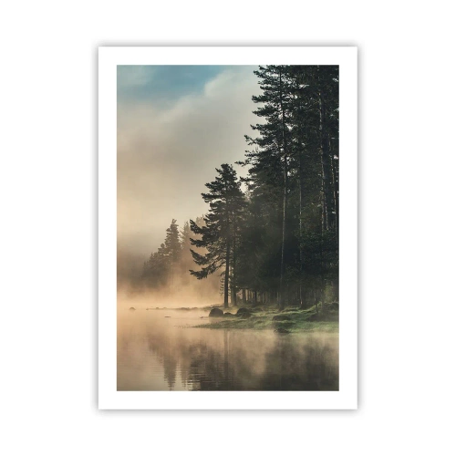 Poster - Paesaggio forestale nebbioso sopra un lago calmo - 50x70cm - La nascita del giorno - Decorazione murale moderna per soggiorno e camera da letto ARTTOR