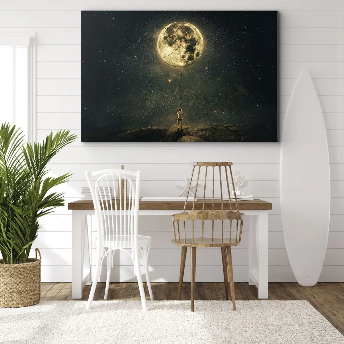 Quadro su tela - Stampe su Tela - Uomo con la Luna contro il cielo stellato - 120x80cm - Chi ha rubato la luna - Decorazione murale moderna per soggiorno e camera da letto ARTTOR