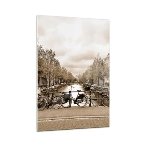 Quadro su vetro - Ponte di Amsterdam con biciclette retrò - 50x70cm - Atmosfera olandese - Decorazione murale moderna per soggiorno e camera da letto ARTTOR