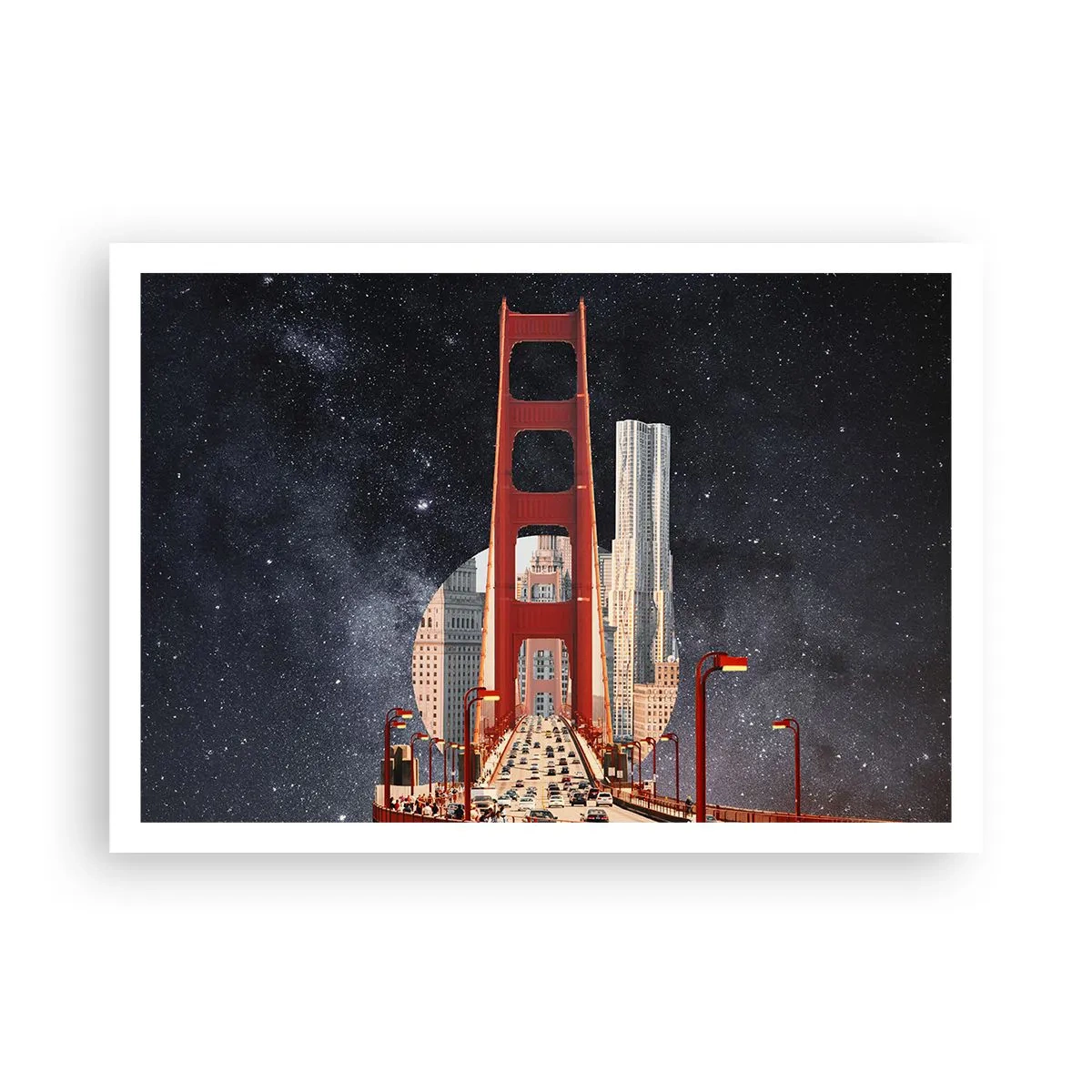 Poster - Il Golden Gate Bridge con la città sullo sfondo contro un cielo stellato - 100x70cm - Sempre al centro - Decorazione murale moderna per soggiorno e camera da letto ARTTOR