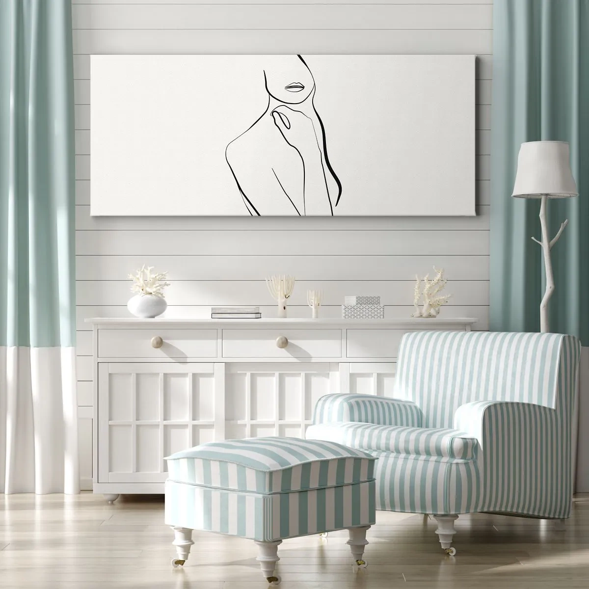 Quadro su tela - Stampe su Tela - Uno schizzo minimalista della silhouette di una donna su uno sfondo chiaro. - 160x50cm - Onda di malinconia - Decorazione murale moderna per soggiorno e camera da letto ARTTOR