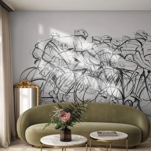 Fotomurali Premium Sand - Schizzo di ciclisti in una gara su uno sfondo chiaro - 100x70cm - Insieme - Decorazione murale moderna per soggiorno e camera da letto ARTTOR