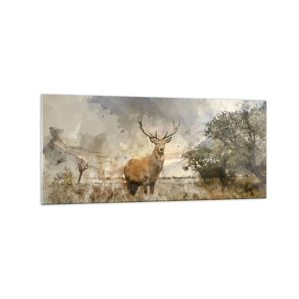 Quadro su vetro - Un cervo in un ambiente naturale in stile acquerello - 120x50cm - Dignità - forza - maestosità - Decorazione murale moderna per soggiorno e camera da letto ARTTOR