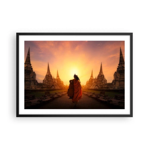Poster in cornice nera - Un monaco tra i templi al tramonto - 70x50cm - In pace per l'eternità - Decorazione murale moderna per soggiorno e camera da letto ARTTOR