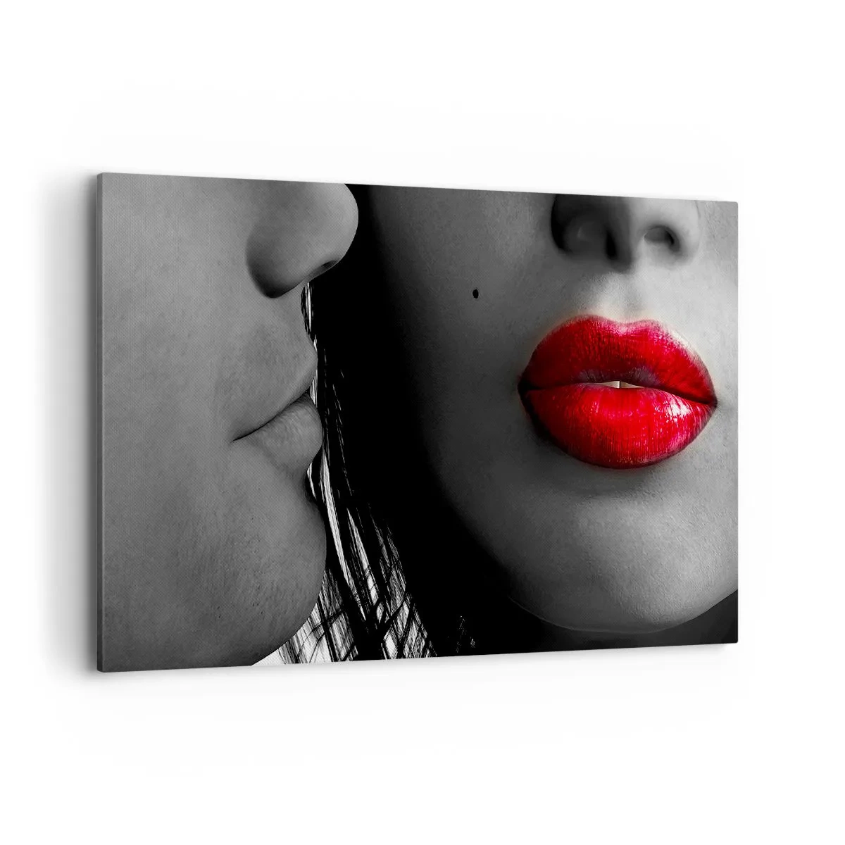 Quadro su tela - Stampe su Tela - Primo piano dei volti di una donna e di un uomo con le labbra rosse. - 120x80cm - Volto accanto al volto  - Decorazione murale moderna per soggiorno e camera da letto ARTTOR