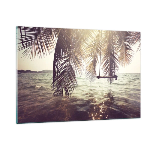 Quadro su vetro - Una spiaggia con palme e un'altalena su un mare calmo - 120x80cm - Si può dondolare tra le nuvole a volontà - Decorazione murale moderna per soggiorno e camera da letto ARTTOR