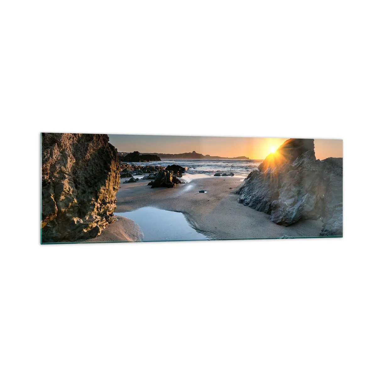 Quadro su vetro - Tramonto pittoresco su una spiaggia rocciosa - 160x50cm - Mai toccate da mano umana - Decorazione murale moderna per soggiorno e camera da letto ARTTOR