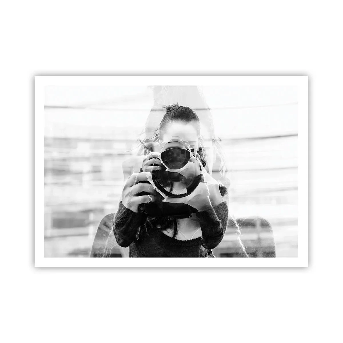 Poster - Ritratto in bianco e nero con doppia esposizione di un fotografo - 100x70cm - Il creatore e il materiale - Decorazione murale moderna per soggiorno e camera da letto ARTTOR