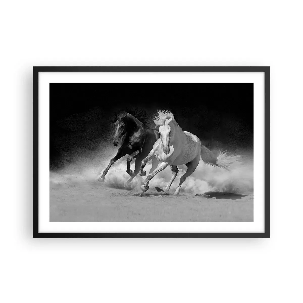 Poster in cornice nera - Cavalli in corsa in bianco e nero - 70x50cm - Il galoppo della libertà - Decorazione murale moderna per soggiorno e camera da letto ARTTOR