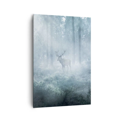 Quadro su tela - Stampe su Tela - Un cervo in una fitta foresta avvolto nella nebbia mattutina - 70x100cm - Passeggiata mattutina sulle sue terre - Decorazione murale moderna per soggiorno e camera da letto ARTTOR