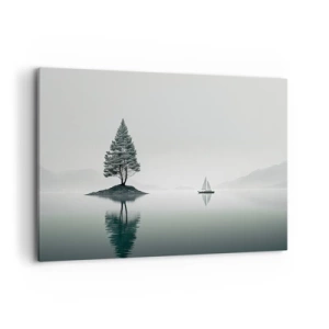 Quadro su tela - Stampe su Tela - Un paesaggio minimalista con un albero su un'isola e una barca a vela. - 100x70cm - Paesaggio onirico - Decorazione murale moderna per soggiorno e camera da letto ARTTOR