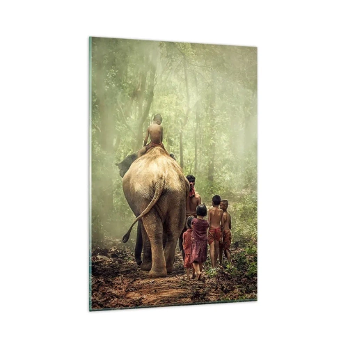 Quadro su vetro - Bambini con un elefante in una foresta verde alla luce del mattino - 80x120cm - Il nuovo Libro della Giungla - Decorazione murale moderna per soggiorno e camera da letto ARTTOR