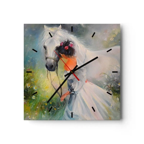 Orologio da parete - Orologio in Vetro - Una donna con un cavallo bianco in un ambiente pittoresco - 30x30cm - Come in un bel sogno - Decorazione murale moderna per soggiorno e camera da letto ARTTOR