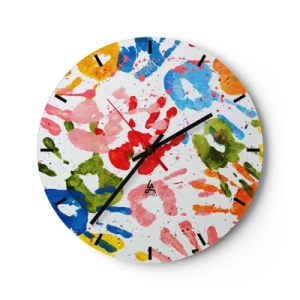 Orologio da parete - Orologio in Vetro - Impronte di mani colorate su sfondo bianco - 30x30cm - Segui le tracce - Decorazione murale moderna per soggiorno, cucina e camera da letto ARTTOR