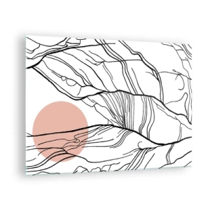 Quadro su vetro - Linee ombrose di rami con un sole beige - 70x50cm - Nella rete dei rami - Decorazione murale moderna per soggiorno e camera da letto ARTTOR