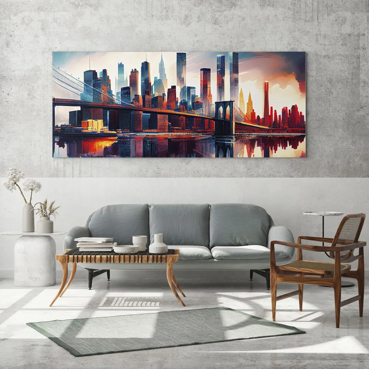 Quadro su vetro - Panorama di New York City con ponte e riflesso nell'acqua - 120x50cm - Una New York spettacolare - Decorazione murale moderna per soggiorno e camera da letto ARTTOR