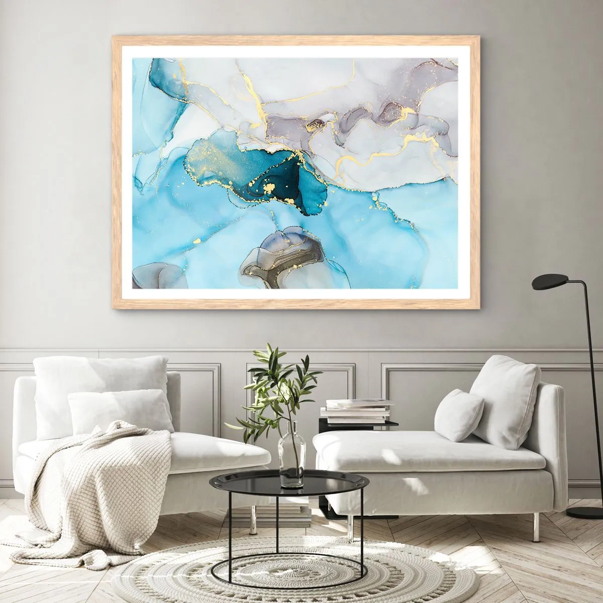 Poster in cornice rovere chiaro - Studio di incontro tra grigio e turchese - 70x50 cm