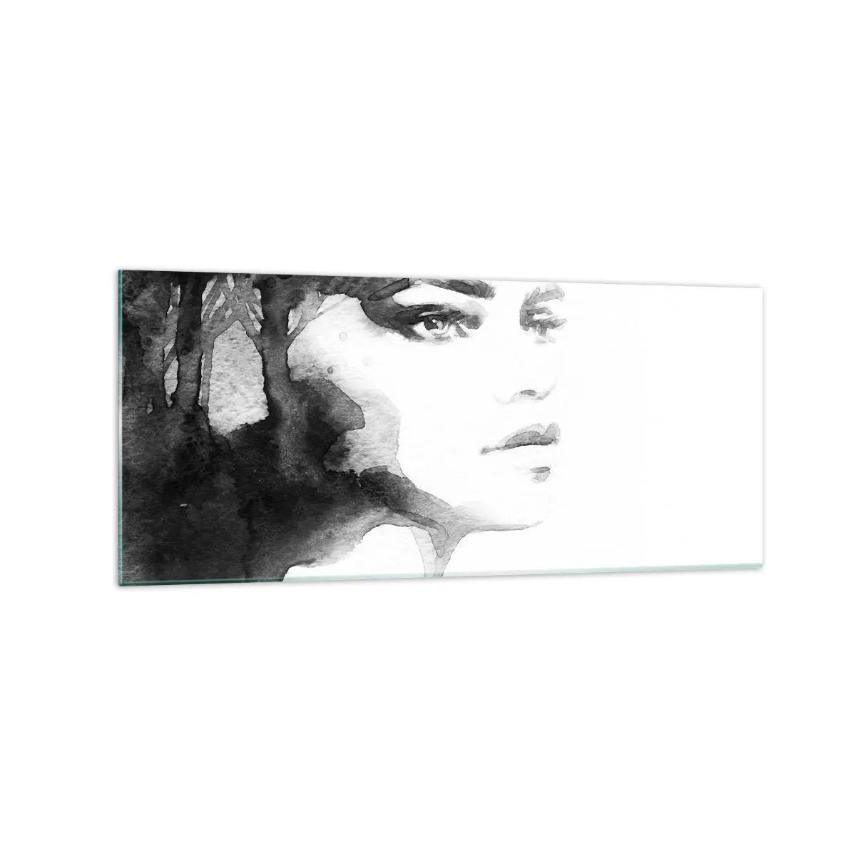 Quadro su vetro - Un sottile ritratto di una donna nei toni del bianco e nero - 120x50cm - Fatta di mistero e di nebbia - Decorazione murale moderna per soggiorno e camera da letto ARTTOR