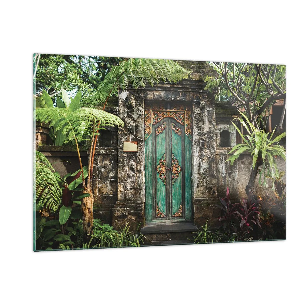 Quadro su vetro - Porta turchese decorata in un muro di pietra circondato da vegetazione tropicale - 120x80cm - Le porte verso un mondo esotico - Decorazione murale moderna per soggiorno e camera da letto ARTTOR
