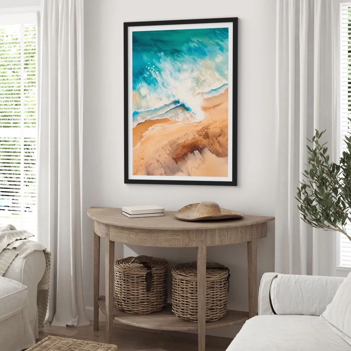Poster in cornice nera - Una scena astratta di un'onda che si infrange sulla riva nei toni del turchese e della sabbia. - 50x70cm - L'onda che ritorna - Decorazione murale moderna per soggiorno e camera da letto ARTTOR