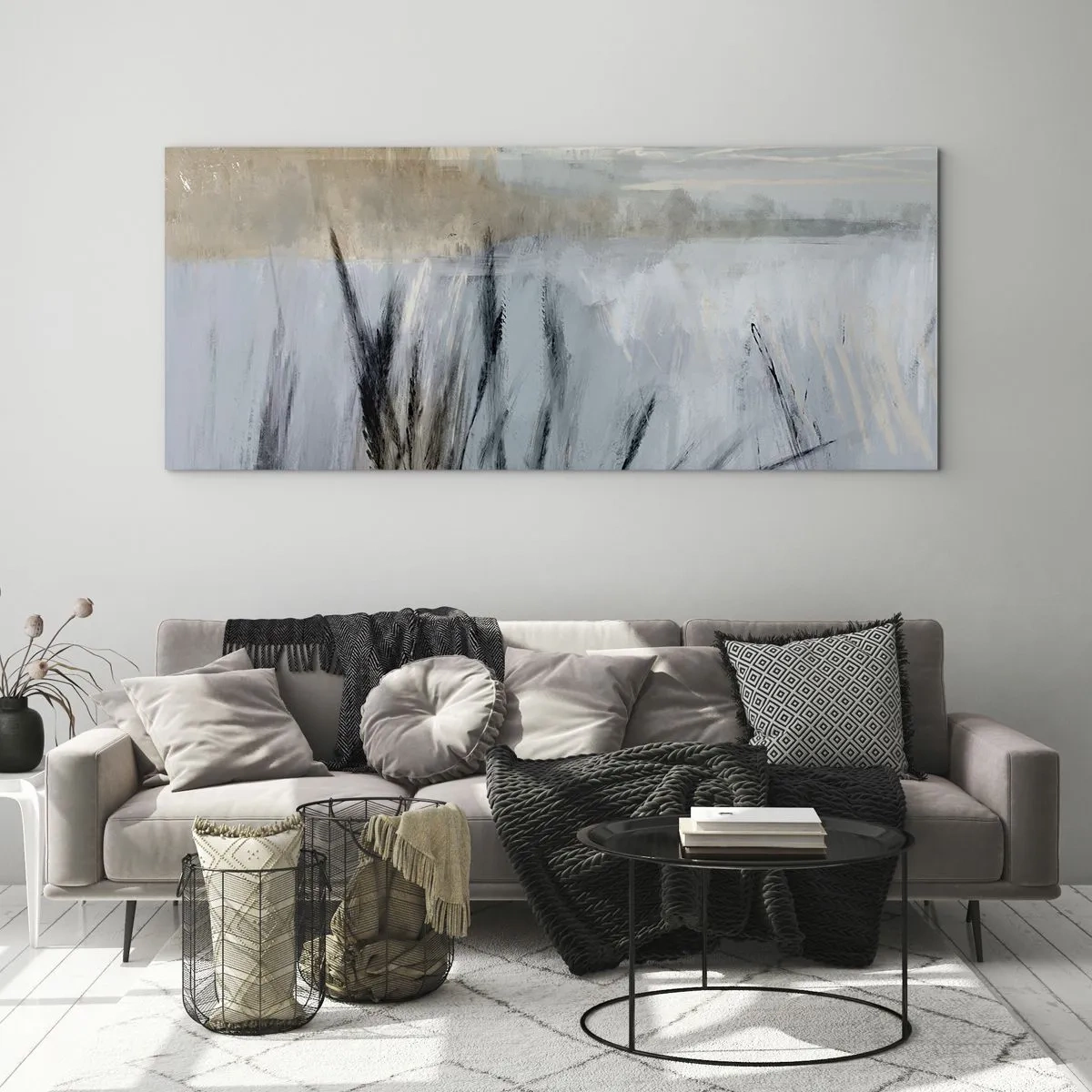 Quadro su vetro - Un pittoresco paesaggio invernale con campi ed erbe - 160x50cm - Campi d'inverno - Decorazione murale moderna per soggiorno e camera da letto ARTTOR